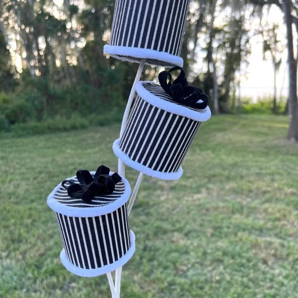 Black and White Striped Round Present Packages Spray Stem Christmas Pick